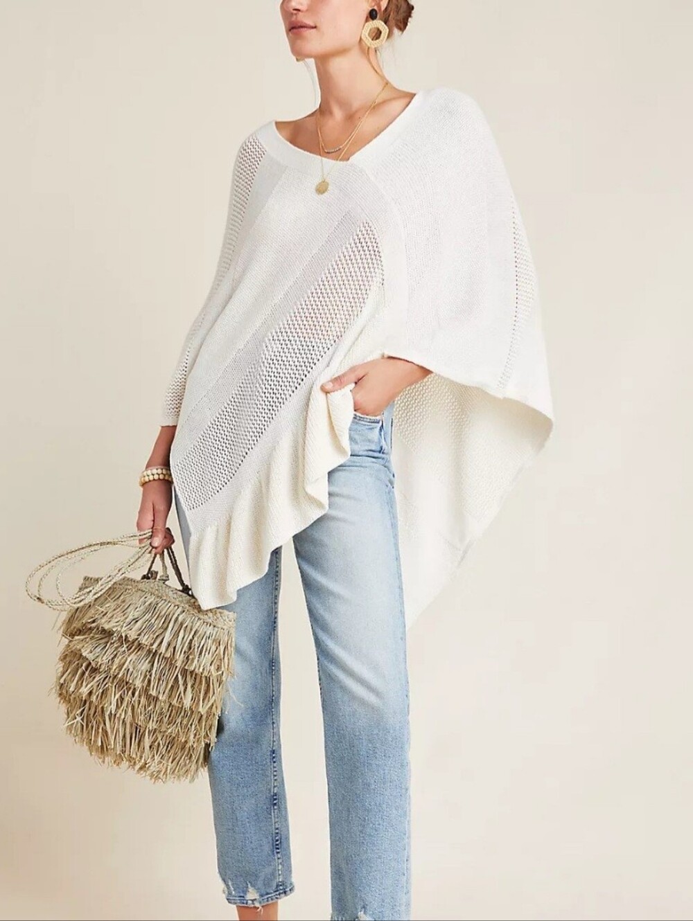 Anthropologie White Knit Poncho Top - Picture 1 of 9